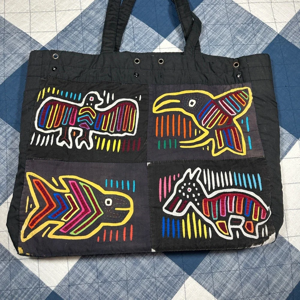 Vintage Mola Applique Tote Bag Handcrafted Folk Art Animal Bird Black Cotton